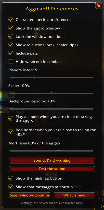 The preferences window