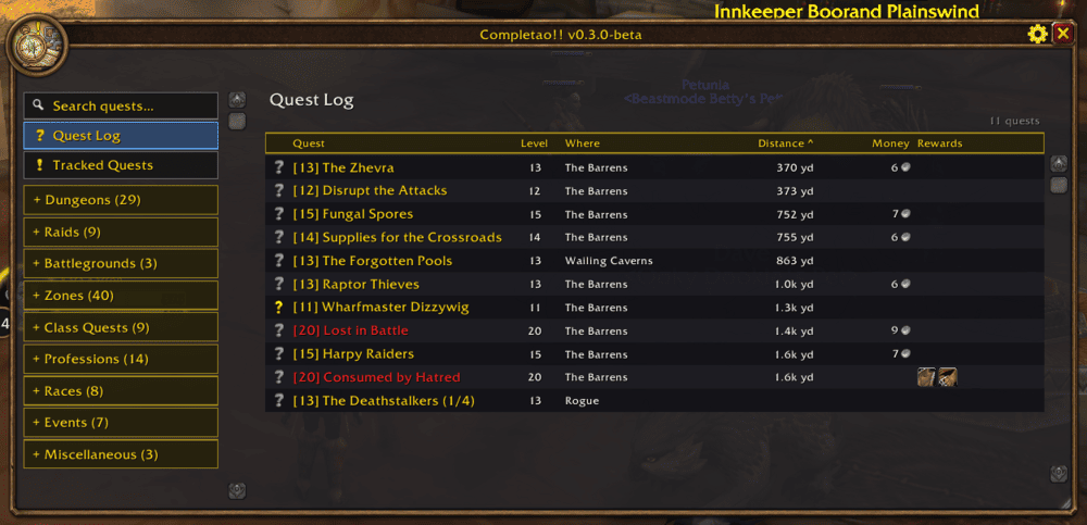 Your quest log, in the Completao!! window