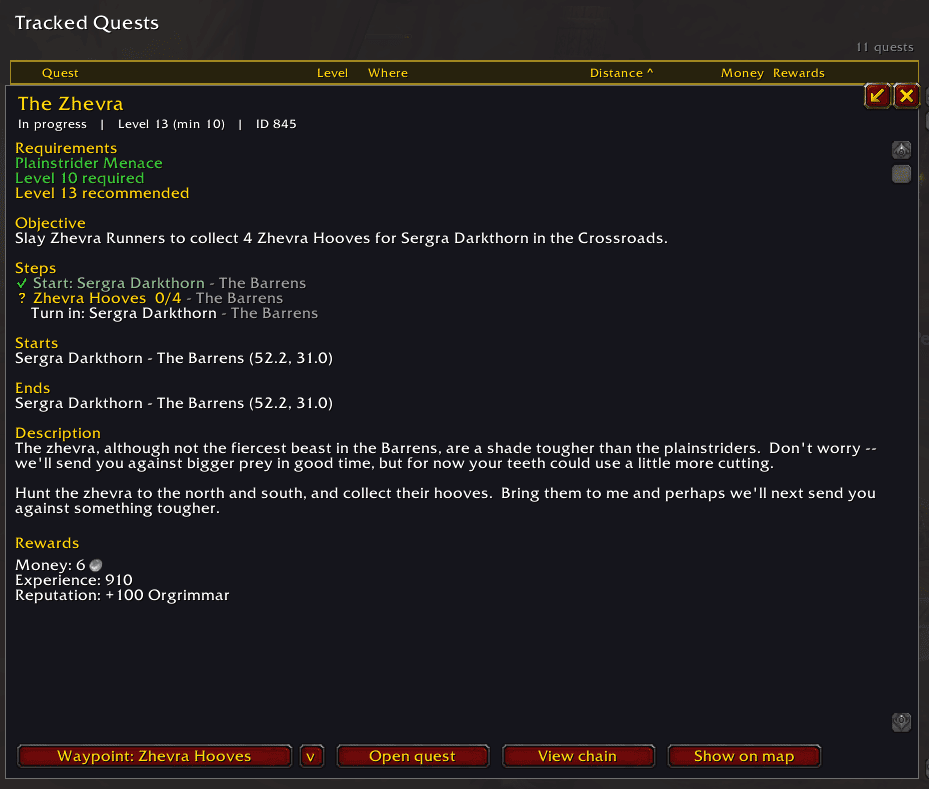 A quest's details, below the Tracked Quests table