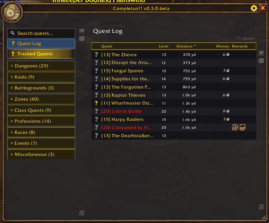 The Quest Log view