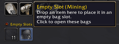 Empty Slots, labelled by profession, with the drop/open tooltip
