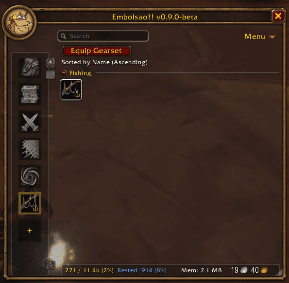 A Gearset tab with its Equip button
