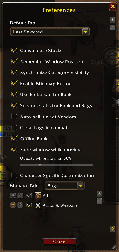 Preferences panel