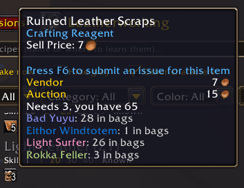 An ingredient's tooltip, with the items of your other characters