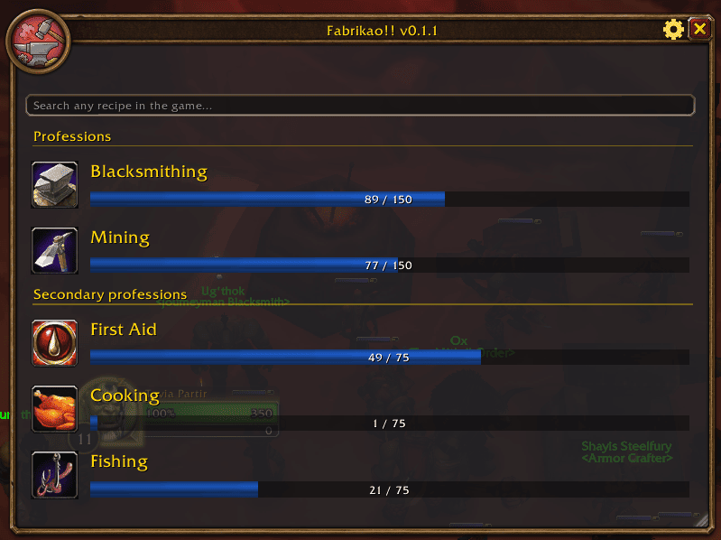 Your professions, with their skill bars